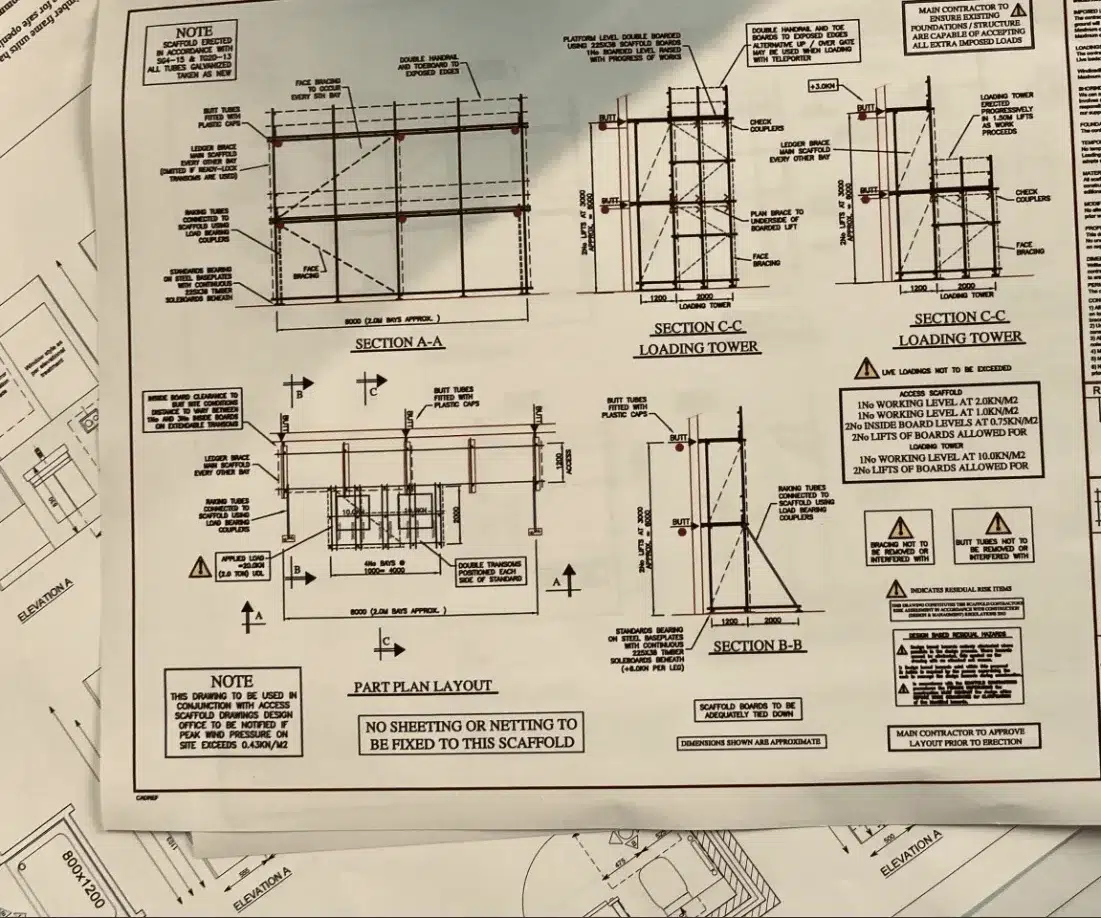 Scaffold design drawing showing scaffold plans and elevations