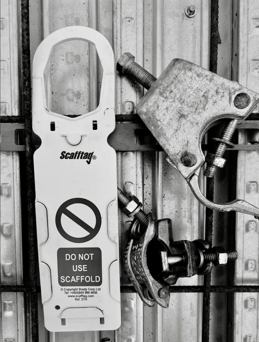 Scafftag "Do not use scaffold" tag fixed to a scaffold tube and coupler